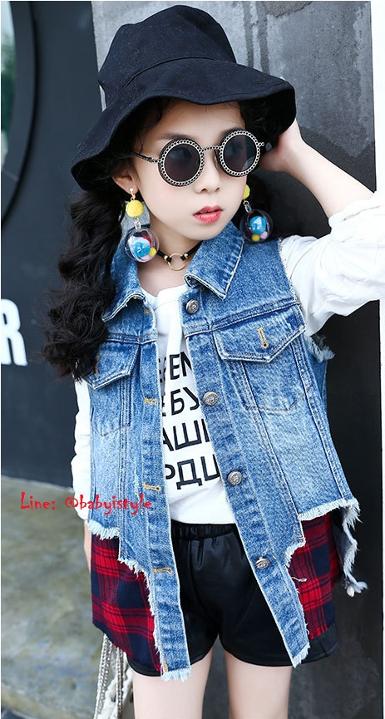  Sales เด็กโต-เสื้อแจ็คเก็ตยีนส์แขนกุดด้านในซ้อนเสื้อสก็อตสีแดง ไซส์ 150 รหัส KKK816B